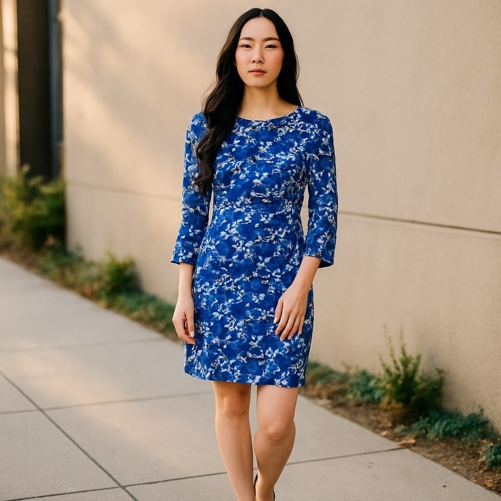 J. Crew Blue & White Floral Shift Dress Long Sleeve NWT